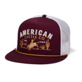 Introducing the 8-Second Hat by Rural Cloth—a maroon and white mesh trucker snapback featuring a flatbill profile. 