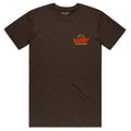 The 90 or Nothing Tee by American Cattle Co is a plain brown short-sleeve shirt with bold orange 