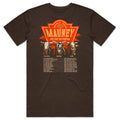 The 90 or Nothing Tee by American Cattle Co is a dark chocolate short-sleeve shirt featuring three bull heads, bold “MAUNEY” text, “World Tour,” and tour dates—a must-have tribute for Bucktown fans.