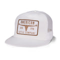 Introducing the Bull Spurs Hat-Flat by Rural Cloth—a white mesh trucker cap featuring a brown and white patch on the front with 