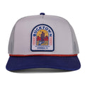 A gray and navy Sundown Hat by Rural Cloth features a red brim braid, 