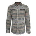 The American Cattle Co Desperado Polar Fleece is a long-sleeve button-up shirt jacket in olive, featuring a subtle geometric pattern in gray, green, and beige shades. It includes two chest pockets with buttoned flaps and a collar. The textured polar fleece fabric offers extra warmth, making it an ideal choice for casual wear.