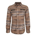 The Desperado Polar Fleece by American Cattle Co is a long-sleeve, button-up polyester shirt jacket in brown, featuring a geometric pattern, two chest pockets with buttoned flaps, and a pointed collar. This warm shirt jacket is displayed on a plain white background.