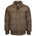 The American Cattle Co Cold Snap Puffer in Cocoa is a brown quilted puffer jacket with a faux suede western yoke across the shoulders, snap placket, lower snap pockets, and ribbed cuffs and hem, shown against a plain white background.