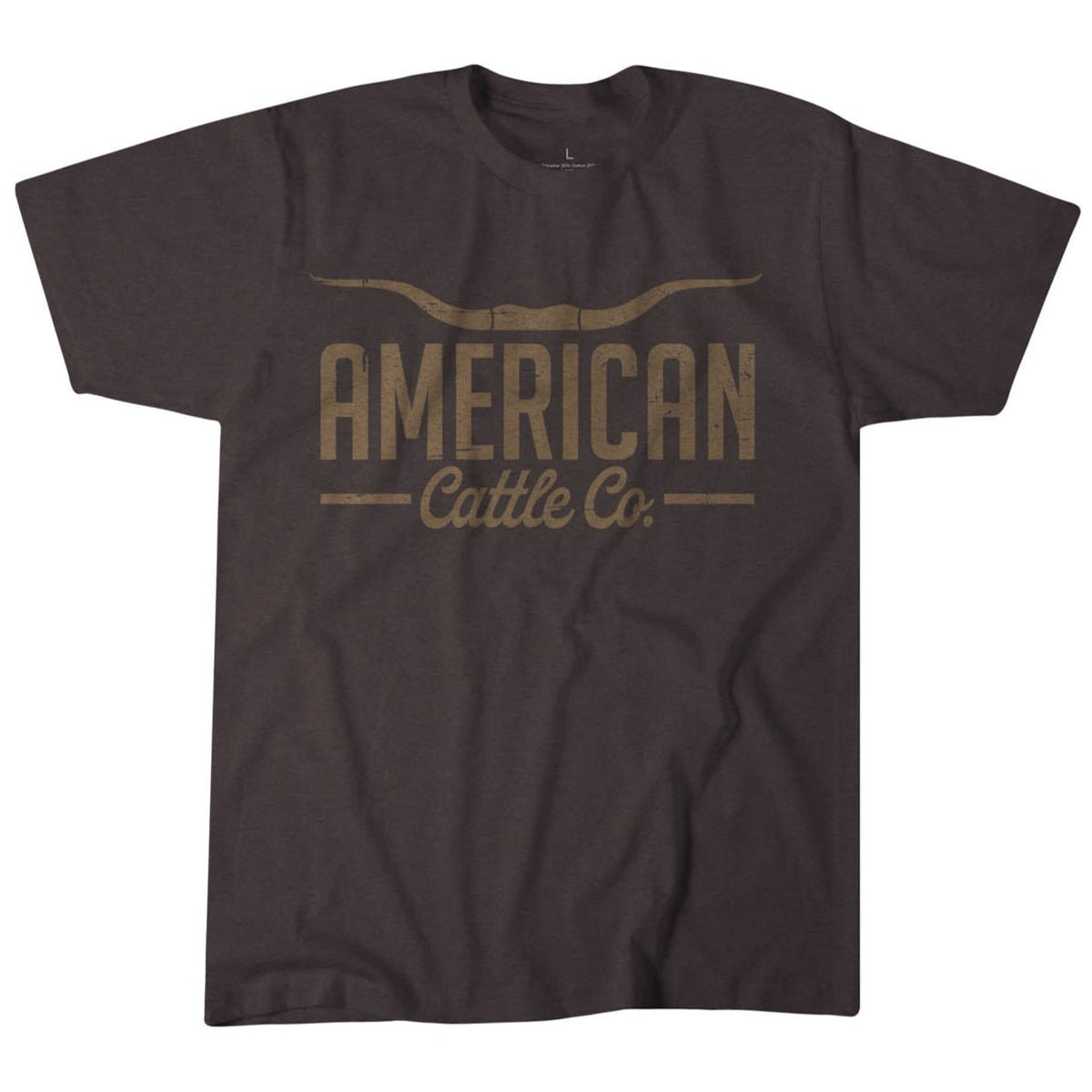 The ACC Longhorn Tee by American Cattle Co is a dark brown shirt featuring "AMERICAN Cattle Co." in bold, faded gold western-style lettering—ideal for showcasing your cattle ranching pride.