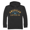 The ACC Mark Pullover by Rural Cloth is a black unisex hoodie featuring “AMERICAN CATTLE CO.” in bold tan and blue, “SINCE 1776,