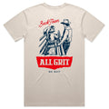 The All Grit Tee by American Cattle Co is a bone-colored premium cotton shirt with a bold “Buck Town,” “All Grit,” and “No Quit” graphic of two western figures—ideal for rodeo enthusiasts.
