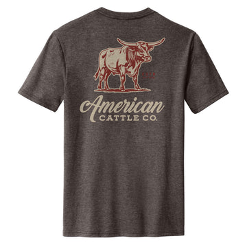The Anchor Bull Tee by American Cattle Co is a dark gray western t-shirt with a longhorn steer graphic and “American Cattle Co.” in cream and red on the back.