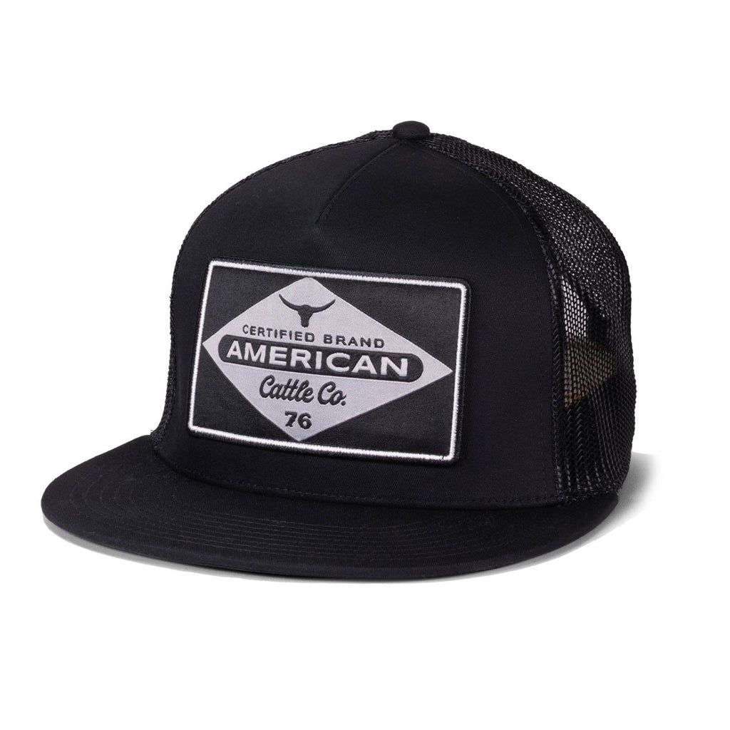 The Rural Cloth Billboard Hat-Flat is a black mesh trucker hat with a flat brim and a front patch featuring 