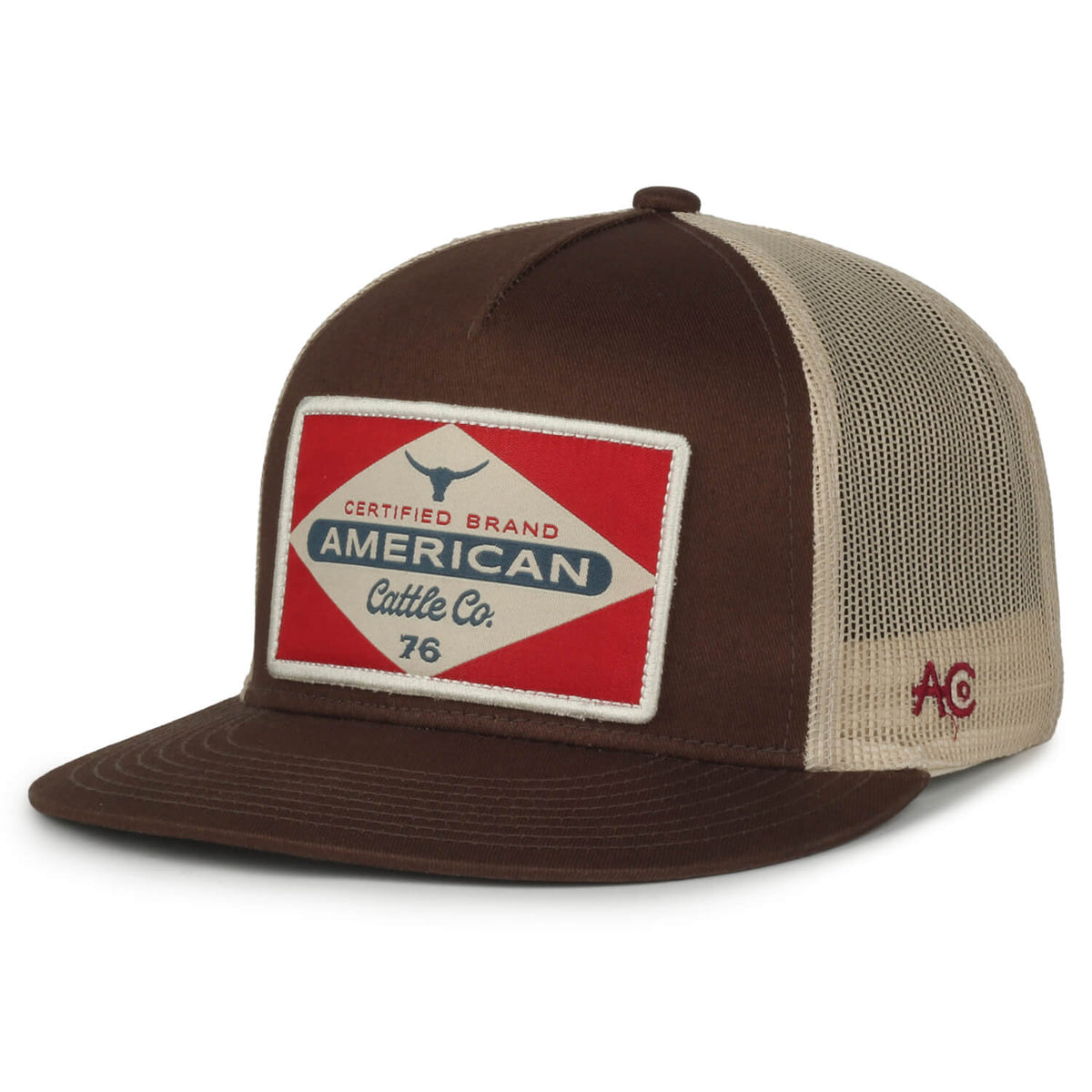 A "Billboard Hat-Flat" from American Cattle Co, this brown and beige trucker cap showcases a front patch displaying the text "Certified Brand American Cattle Co. 76" alongside a small bull graphic. It features a snapback closure for easy adjustment, a mesh back for ventilation, and a side logo with "AC.