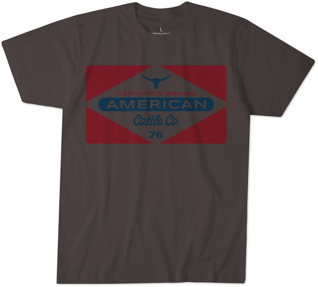 The Rural Cloth Billboard Tee is a dark shirt with a red and gray geometric print, blue bull silhouette, and 