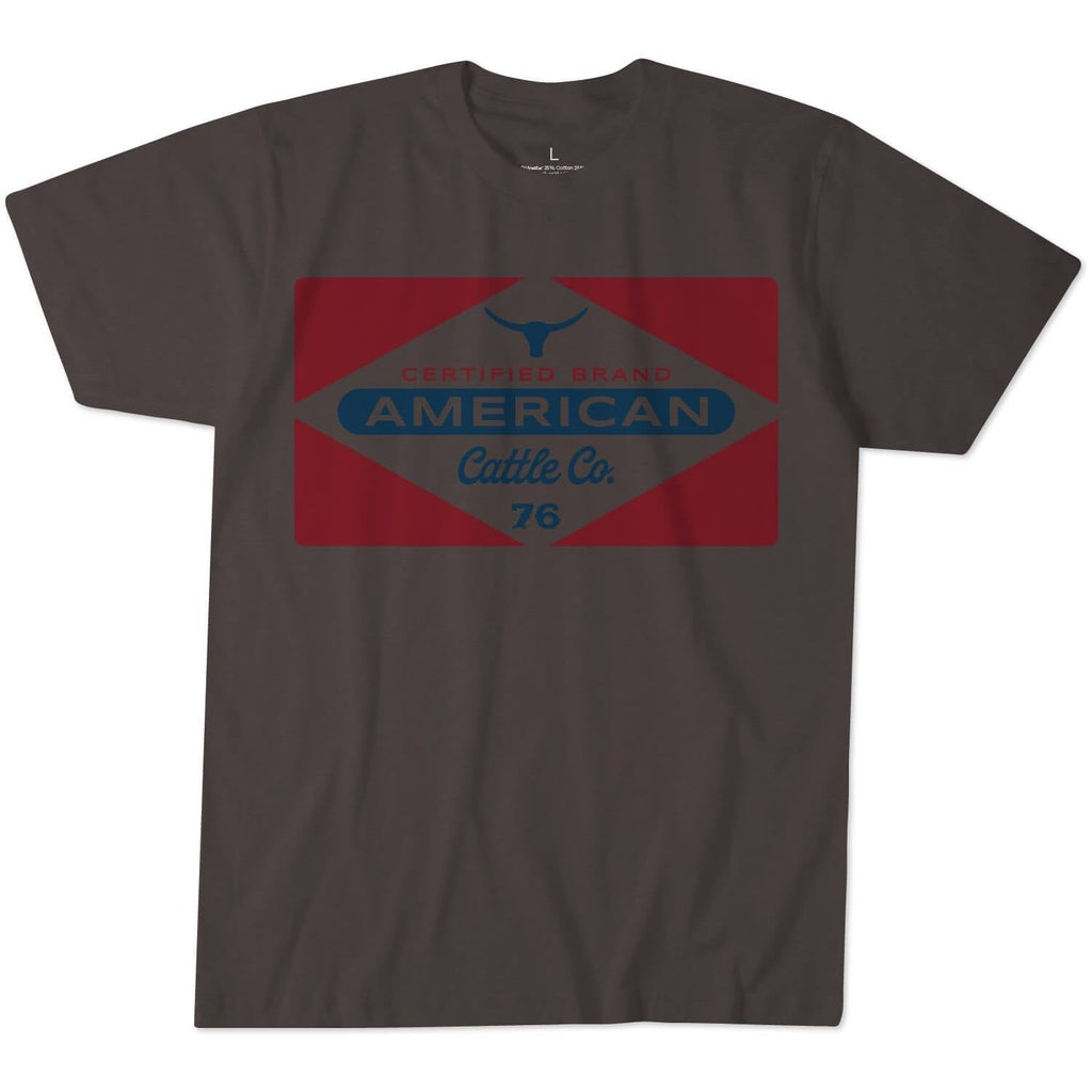 A heather brown Billboard Tee by Rural Cloth, featuring a red and blue graphic with the text “Certified Brand American Cattle Co. 76” and a stylized bull head in the center of the design.