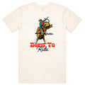 The Born to Ride Tee by American Cattle Co comes in a natural color and features a retro graphic of a bull rider with 