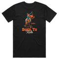 The Born to Ride Tee by American Cattle Co in black showcases a vintage western graphic of a cowboy riding a bucking bull and bold orange and white 