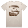 The American Cattle Co Bucktown Caddie Tee in Bone features a retro Cadillac with two alligators and a snake, rodeo-inspired rope-bordered 