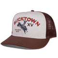 The Bucktown Original Hat by Rural Cloth features brown and white colors, mesh sides, 