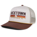 The Bucktown Revival Hat by Rural Cloth features a white front panel, brown bill, 