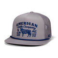 The Bull Crest Hat by Rural Cloth is a gray mesh high crown snapback with 