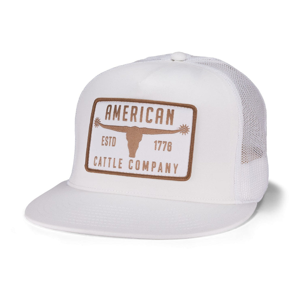 Introducing the Bull Spurs Hat-Flat by Rural Cloth—a white mesh trucker cap featuring a brown and white patch on the front with 