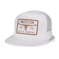 Introducing the Bull Spurs Hat-Flat by Rural Cloth—a white mesh trucker cap featuring a brown and white patch on the front with 