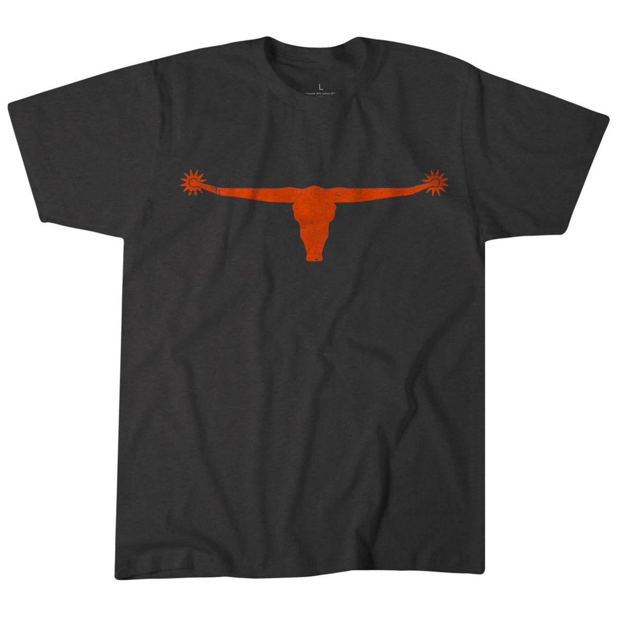 The Bull Spurs Icon Tee features a black design with an orange longhorn emblem and wide horns graphic centered on the chest, drawing inspiration from classic rural American style.