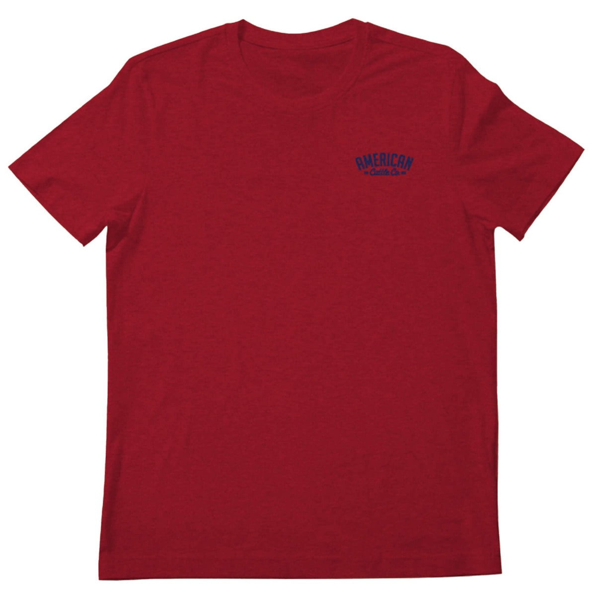 The Rural Cloth Cactus Tee is a plain red short-sleeve shirt with a small blue "AMERICAN Classic Co." logo on the upper left chest, laid flat on a white background and inspired by classic American cattle ranch heritage.