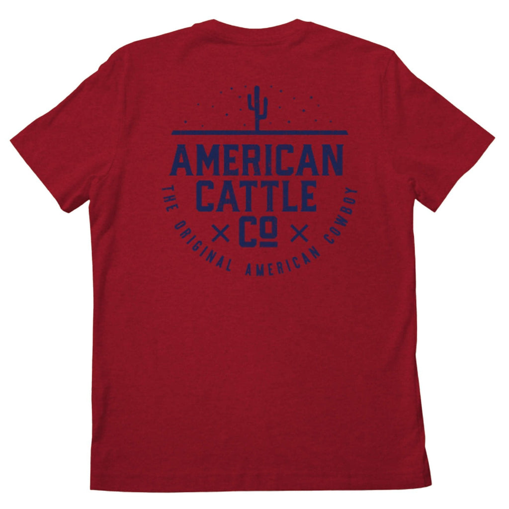 The Cactus Tee by Rural Cloth is a red shirt featuring a bold blue cactus graphic and the phrases 