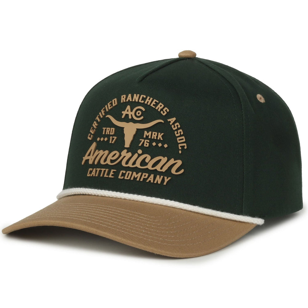 The Certified Ranchers Association Hat by American Cattle Co features a green/khaki design, a curved brim, and displays "Certified Ranchers Assoc. American Cattle Company" with a longhorn head graphic on the front.