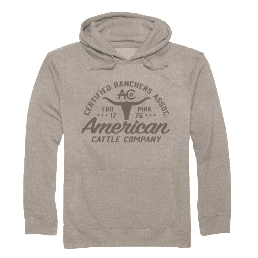 The Rural Cloth Certified Ranchers Association Pullover is a light brown hoodie with "Certified Ranchers Assoc. American Cattle Company" and a steer head graphic, made from premium anti-pill fabric with an ultra-soft brushed interior for comfort and durability.