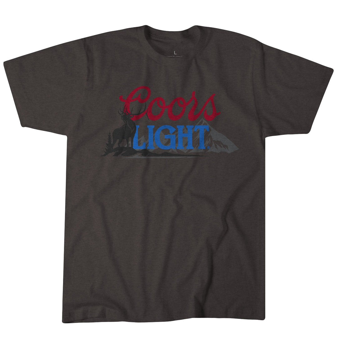The Rural Cloth Coors Light Elk Tee is a dark gray outdoor shirt featuring "Coors Light" in red and blue, with a subtle mountain range and elk silhouette design on the front.