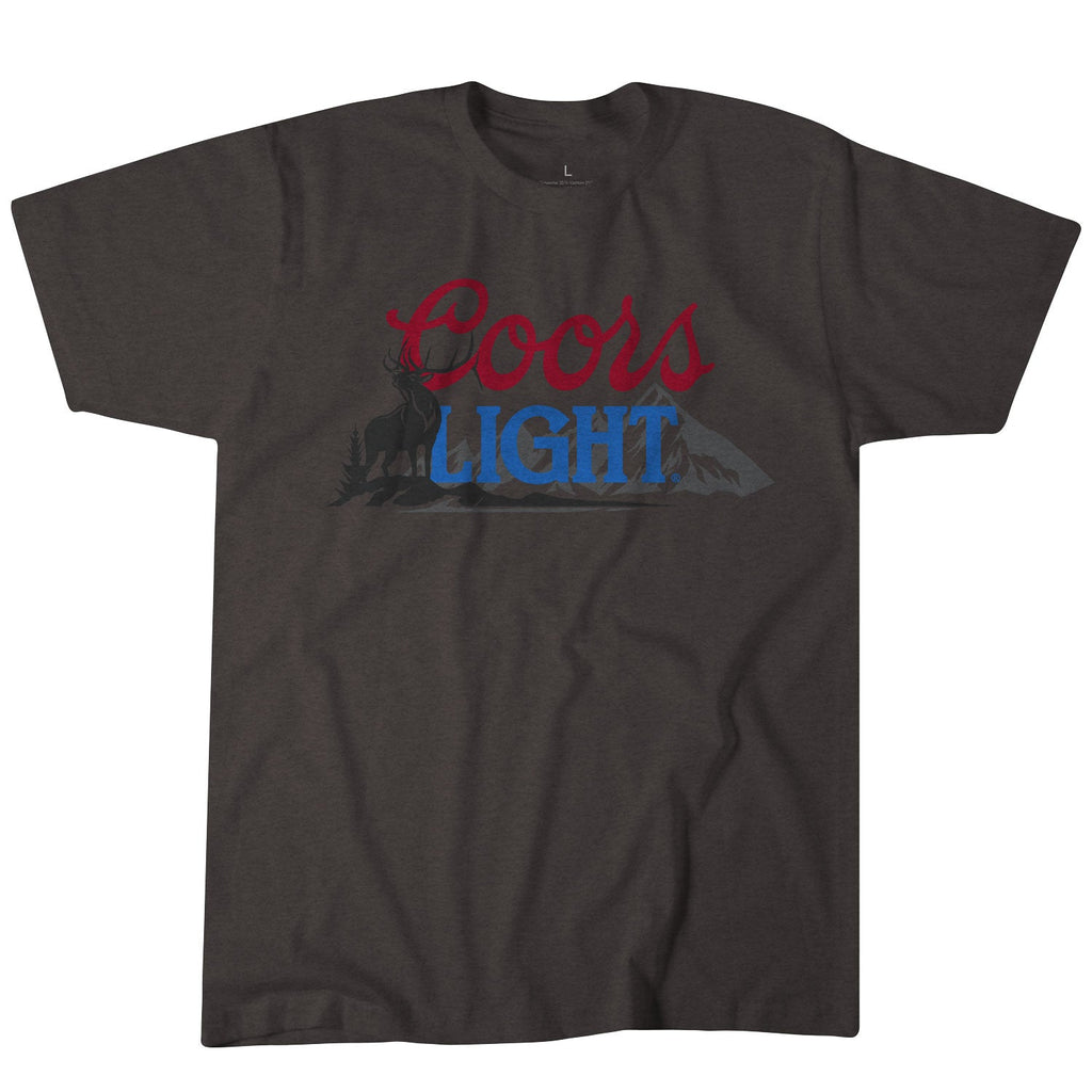 The Coors Light Elk Tee by American Cattle Co is a dark gray poly-cotton shirt with red and blue 