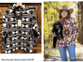 The image features two southwestern-style women’s sweaters. On the left is a Cotton & Rye Women's Solid Round Bottom Sweater 60 in black and white. On the right, a woman in a cowboy hat wears a colorful Sherpa pullover, holding a black puppy.