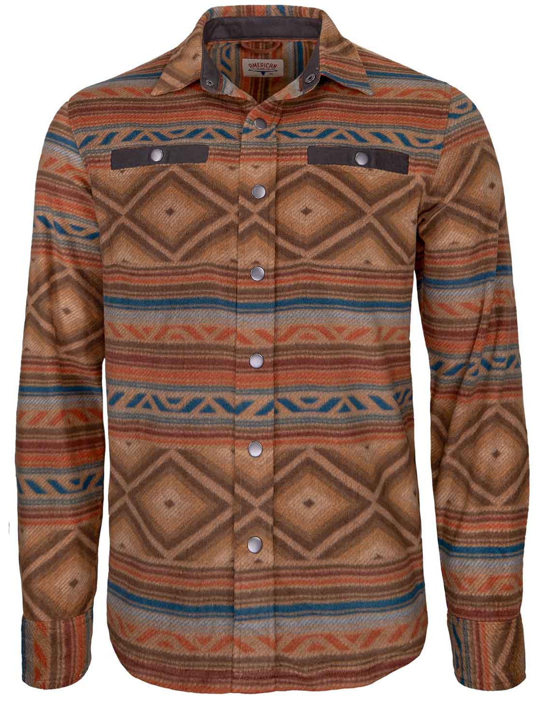 The American Cattle Co Desperado Polar Fleece is a long-sleeve, button-up shirt jacket in red/tan with a Southwestern geometric pattern, two chest pockets with buttoned flaps, and a collar for versatile layering.