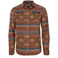 The Desperado Polar Fleece by Rural Cloth is a men’s long-sleeve button-up shirt jacket featuring a Southwestern-inspired geometric pattern in warm red and tan tones. This cozy fleece has a collar and two chest flap pockets for added style and function.