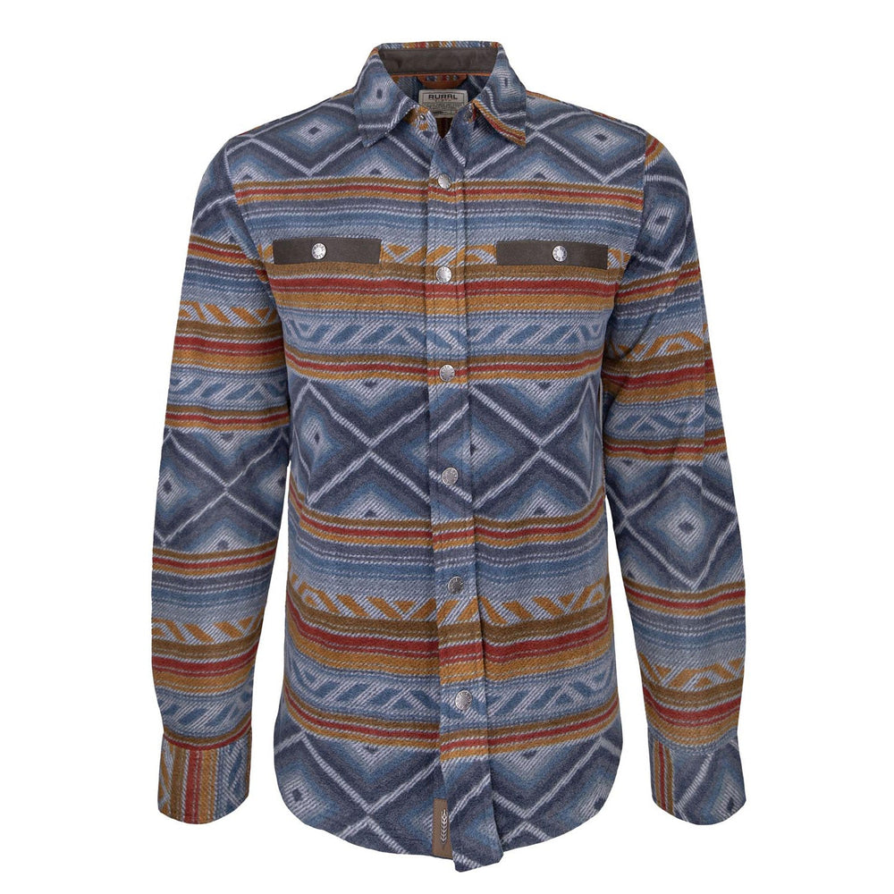 The American Cattle Co Desperado Polar Fleece is a long-sleeve button-up shirt jacket featuring a blue, gray, brown, and orange Southwestern geometric pattern, plus two chest pockets with button flaps for warmth and style.