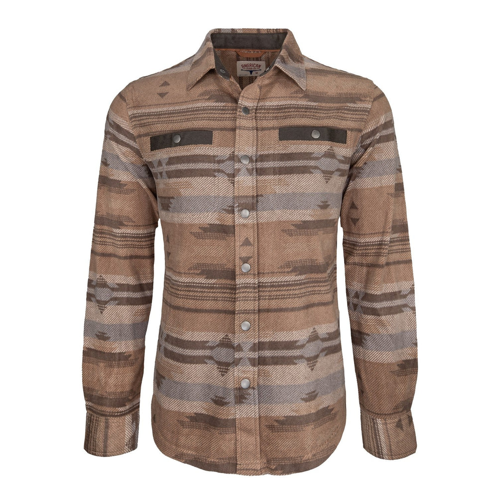 The Desperado Polar Fleece by American Cattle Co is a long-sleeve, button-up polyester shirt jacket in brown, featuring a geometric pattern, two chest pockets with buttoned flaps, and a pointed collar. This warm shirt jacket is displayed on a plain white background.