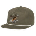 The Rural Cloth Elk Hat is an olive green snapback with a white rope, embroidered elk head, and 