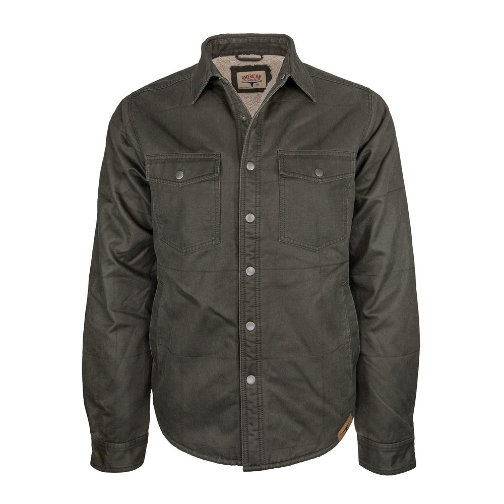 The Homestead Jacket by American Cattle Co is a button-up shirt jacket in Verde with two chest pockets, a collar, and long sleeves. Crafted from durable ultrasuede fabric, it is shown against a plain white background.