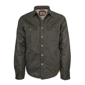 The Homestead Jacket by American Cattle Co is a button-up shirt jacket in Verde with two chest pockets, a collar, and long sleeves. Crafted from durable ultrasuede fabric, it is shown against a plain white background.