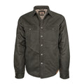 The Homestead Jacket by American Cattle Co is a button-up shirt jacket in Verde with two chest pockets, a collar, and long sleeves. Crafted from durable ultrasuede fabric, it is shown against a plain white background.