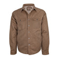 The American Cattle Co Homestead Jacket in Buck is a brown button-up jacket featuring two front chest pockets and a collar, displayed against a white background. This ultrasuede jacket boasts a sturdy, canvas-like material, making it ideal for both work and casual wear.