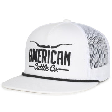 The Longhorn Hat by American Cattle Co is a white mesh 5-panel snapback trucker hat with a flat bill and black trim, featuring "AMERICAN Cattle Co." and a longhorn graphic—ideal for showing off your ranching style.