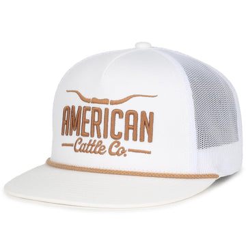 The Longhorn Hat by American Cattle Co is a white mesh 5-panel snapback trucker with a flat bill, tan embroidery reading "AMERICAN Cattle Co.," and a stylized longhorn—ideal for showing off your ranching lifestyle.