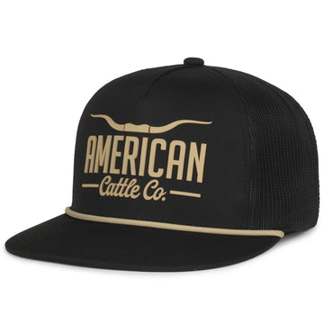 The Longhorn Hat by American Cattle Co is a black mesh 5-panel snapback with a flat brim, tan cord, and front logo featuring "AMERICAN Cattle Co." and a stylized longhorn—ideal for expressing your ranching lifestyle.