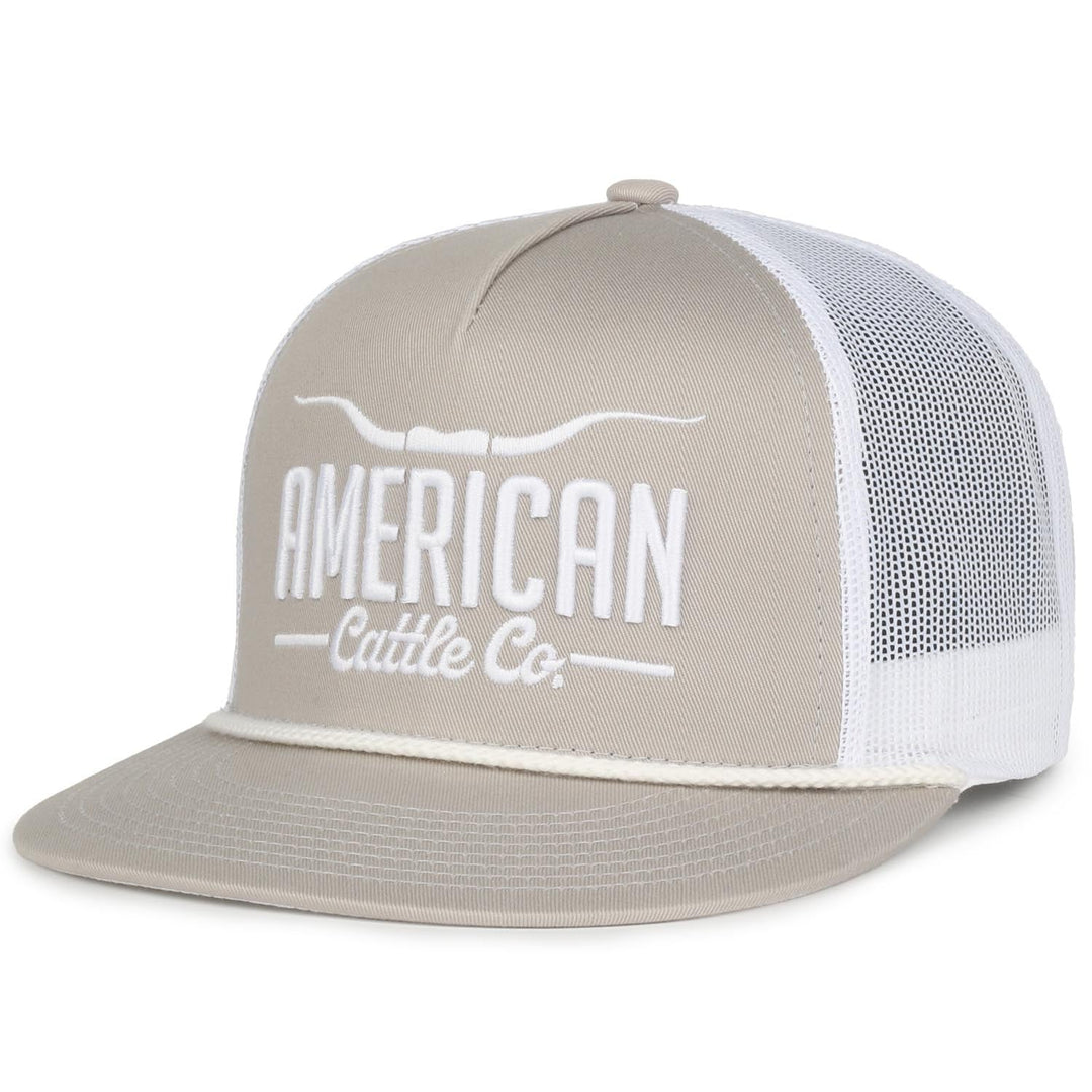 Show off your ranching spirit with the American Cattle Co Longhorn Hat. This beige and white 5-panel snapback features a mesh back, flat bill, and longhorn graphic for classic western style.
