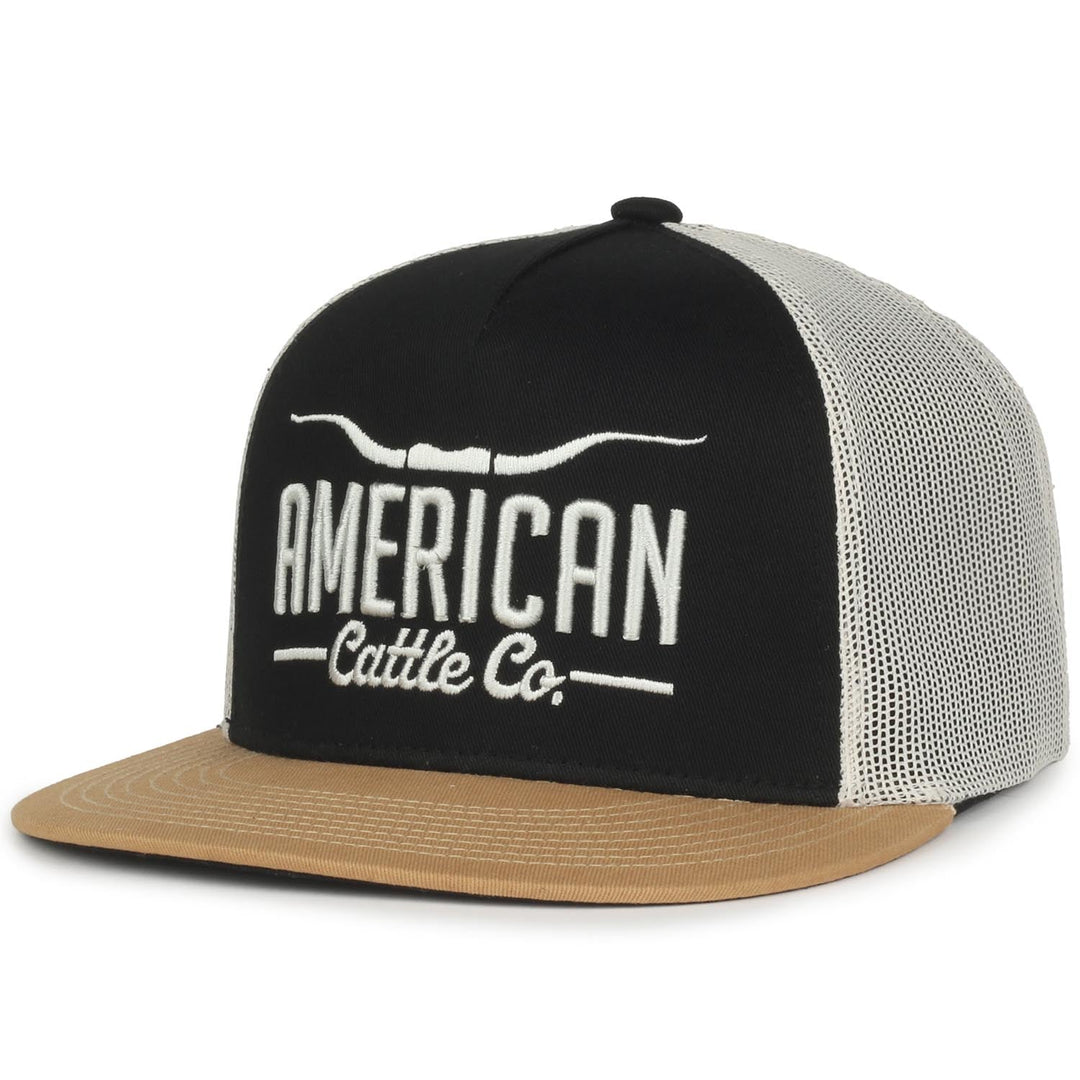 The American Cattle Co Longhorn Hat is a black and white mesh 5-panel snapback with a tan brim, featuring “AMERICAN Cattle Co.” and a classic longhorn graphic—perfect for embracing the ranching lifestyle.