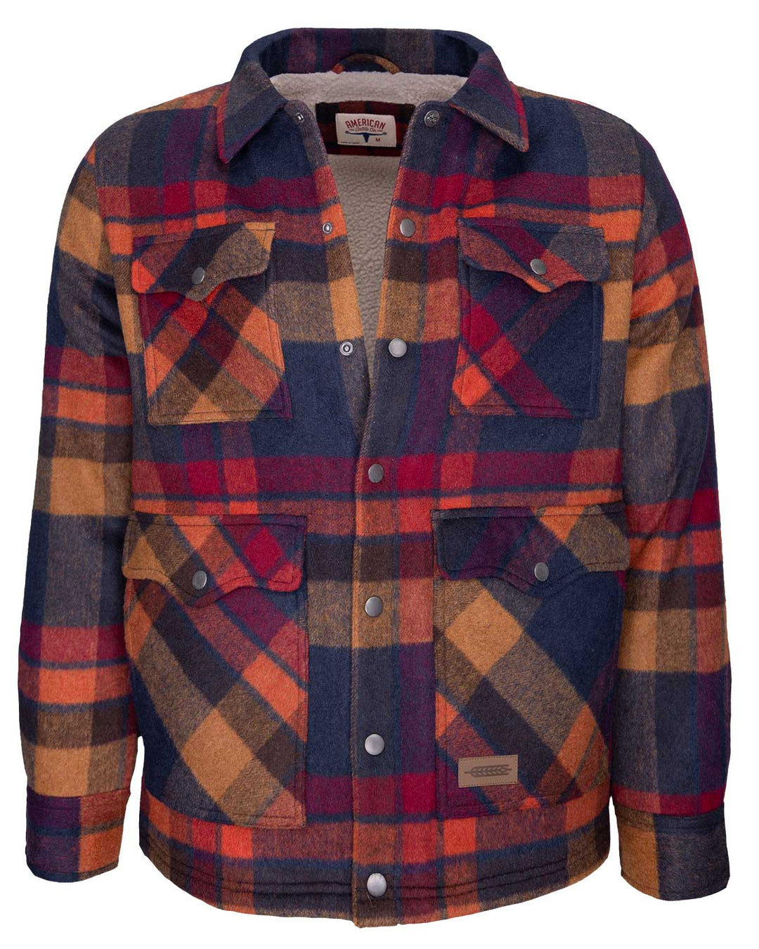 The Lumberjacket by American Cattle Co in Rustwood features a plaid flannel design with a collar, snap buttons, four front flap pockets, and a brand patch near the hem—perfect as a men's work jacket for cooler weather.