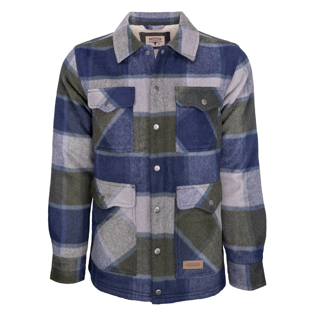Introducing the Lumberjacket: a long-sleeve men’s chore jacket in blue, gray, and green plaid flannel, featuring two chest flap pockets, two lower front pockets, snap buttons, and a classic collar. Sherpa lining and wool construction make this versatile jacket a cozy blend of warmth and timeless style for everyday wear.