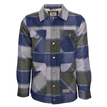 Introducing the Lumberjacket: a long-sleeve men’s chore jacket in blue, gray, and green plaid flannel, featuring two chest flap pockets, two lower front pockets, snap buttons, and a classic collar. Sherpa lining and wool construction make this versatile jacket a cozy blend of warmth and timeless style for everyday wear.