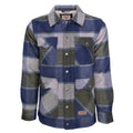 Introducing the Lumberjacket: a long-sleeve men’s chore jacket in blue, gray, and green plaid flannel, featuring two chest flap pockets, two lower front pockets, snap buttons, and a classic collar. Sherpa lining and wool construction make this versatile jacket a cozy blend of warmth and timeless style for everyday wear.